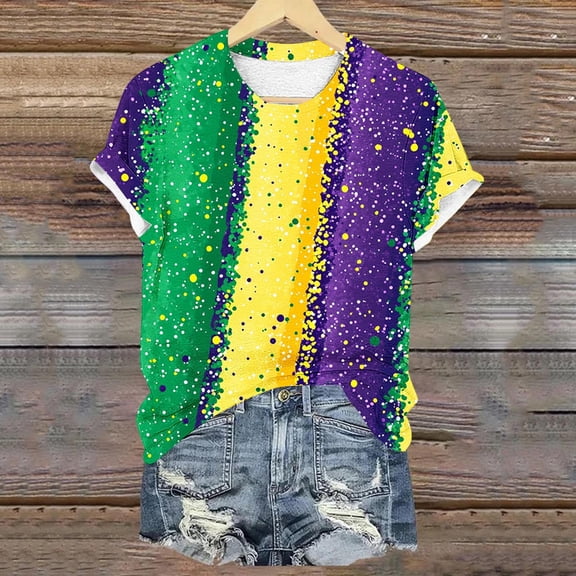 Jsaierl Women's Mardi Gras Shirts Funny Carnival Themed Mask Graphic Tees Loose Fit Short Sleeve T Shirts Blouses Dressy Casual Round Neck Parade Tops