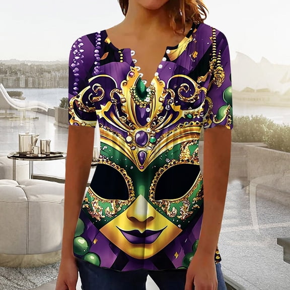 Jsaierl Women's Mardi Gras Shirts Funny Carnival Themed Mask Print Tees Soft Short Sleeve T Shirts Blouses Holiday Crewneck Gifts Tops