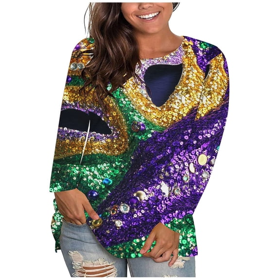 Jsaierl Women's Mardi Gras Tshirts Funny Carnival Themed Mask Print Tees Oversized Long Sleeve T Shirts Blouses Holiday Crewneck Gifts Tops