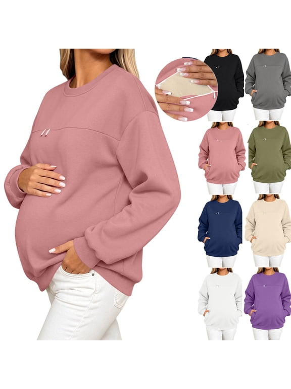 Women's Maternity Sweatshirts Loose Fit Solid Color Crewneck Nursing Sweatshirt Going Out Pullover Comfort Long Sleeve Tops Fall Fashion S-2XL