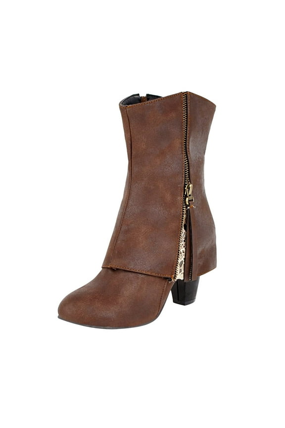 Women's Mid-Calf Boots Chunky Heel Fold Over Riding Boots Western Mid Calf Pointed Toe Fashion Cowgirl Boots Pull On Boots For Ladies