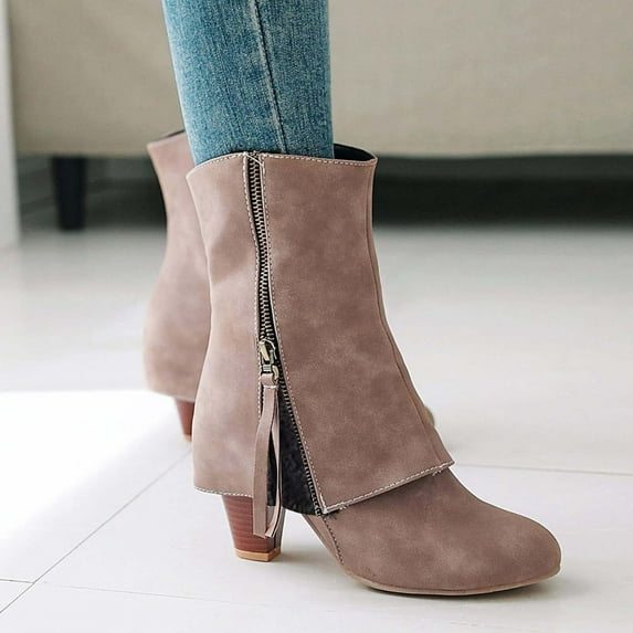 Jsaierl Women's Mid-Calf Boots Chunky Heel Fold Over Riding Boots Western Mid Calf Pointed Toe Fashion Cowgirl Boots Pull On Boots For Ladies