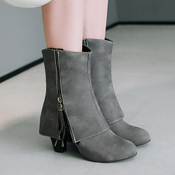 Jsaierl Women's Mid-Calf Boots Chunky Heel Fold Over Riding Boots Western Mid Calf Pointed Toe Fashion Cowgirl Boots Pull On Boots For Ladies