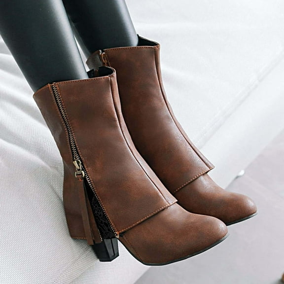 Jsaierl Women's Mid-Calf Boots Chunky Heel Fold Over Riding Boots Western Mid Calf Pointed Toe Fashion Cowgirl Boots Pull On Boots For Ladies