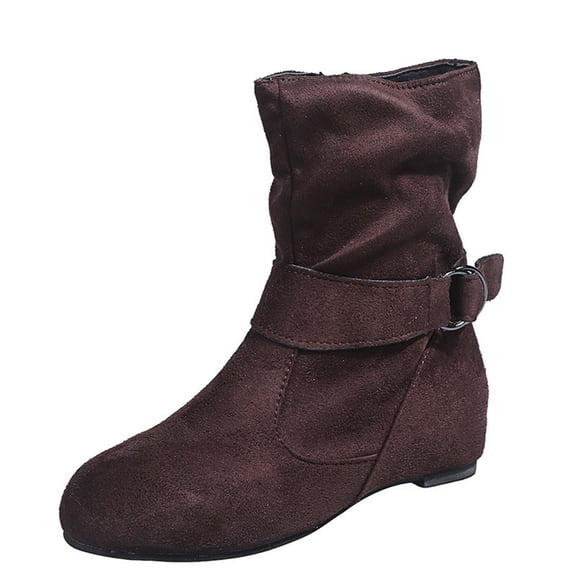 Jsaierl Women's Mid Calf Combat Riding Fashion Winter Boots Buckle Strap Side Zipper Casual Round Toe Short Booties Fall Winter Inner Square Heel Ladies Shoes