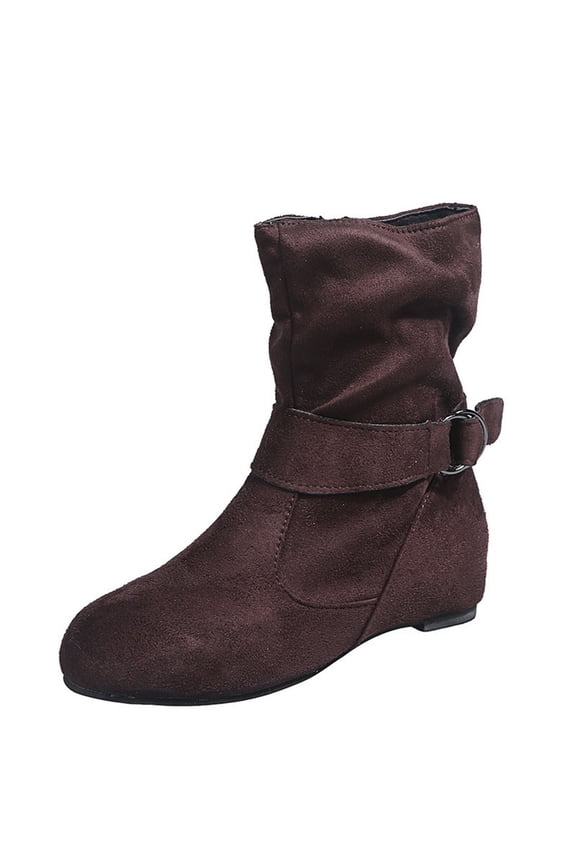 Women's Mid Calf Combat Riding Fashion Winter Boots Buckle Strap Side Zipper Casual Round Toe Short Booties Fall Winter Inner Square Heel Ladies Shoes
