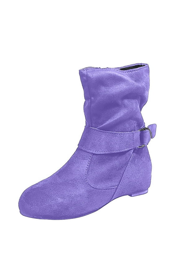 Women's Mid Calf Combat Riding Fashion Winter Boots Buckle Strap Side Zipper Casual Round Toe Short Booties Fall Winter Inner Square Heel Ladies Shoes