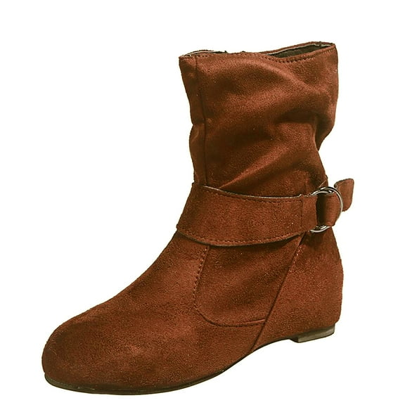 Jsaierl Women's Mid Calf Combat Riding Fashion Winter Boots Buckle Strap Side Zipper Casual Round Toe Short Booties Fall Winter Inner Square Heel Ladies Shoes