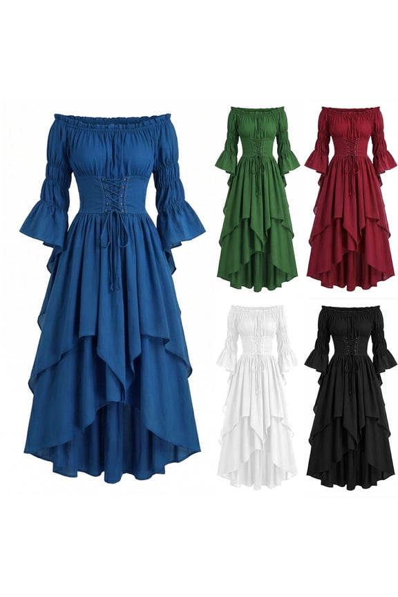 Women's Off Shoulder Layered Ruffle Maxi Dress Bell Sleeve Lace Up Corset Renaissance Faire Costume