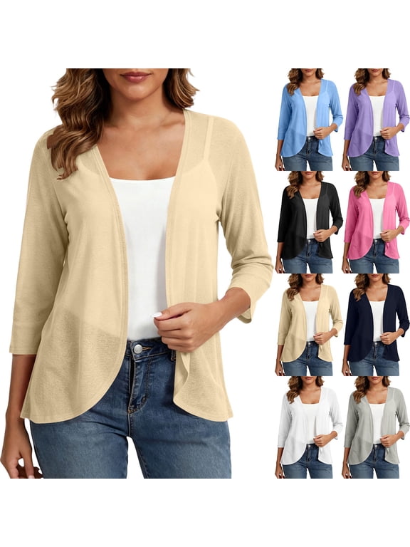 Women's Open Front 3/4 Sleeve Cardigan Lightweight Soft Drape Top Casual Work Office Daily Wear Blouse