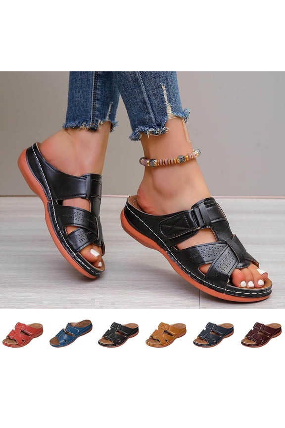 Women's Orthopedic Open Toe Slide Sandals, Adjustable Strap Flat Sandals with Arch Support, Comfortable Non-Slip Casual Summer Shoes for Outdoor Walking & Daily Wear