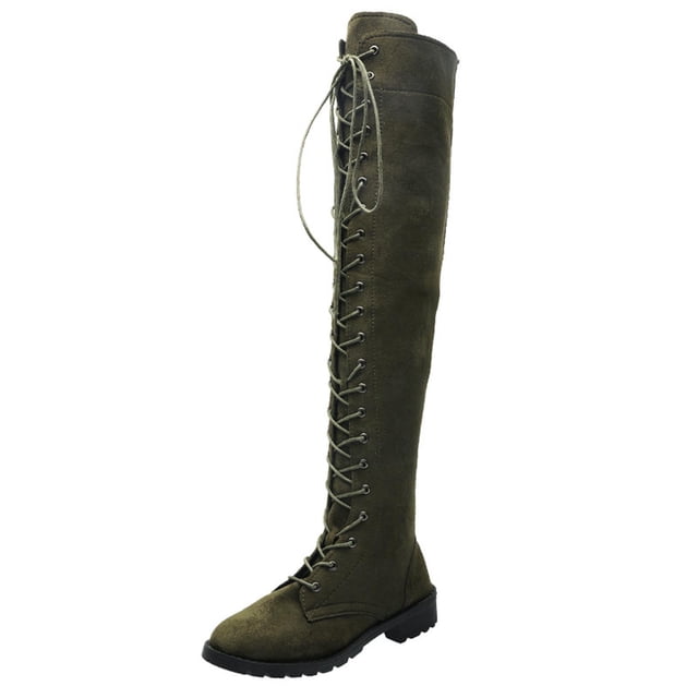 Jsaierl Women's Over The Knee Low Heel Lace Up Tall Boots Chunky Heel ...