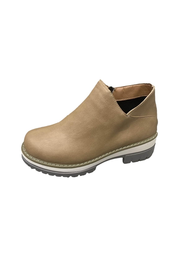 Women's Platform Ankle Boots Thick Heel Low Heeled Booties Comfort Slip-On Waterproof Leather Booties