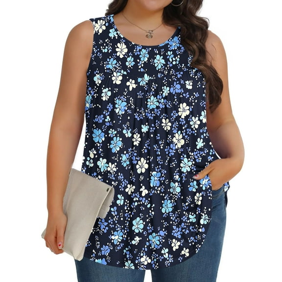 Jsaierl Women's Plus Size Tank Tops Summer Crewneck Sleeveless Tshirts Elegant Floral Print Tunic Blouses Loose Fit Layering Cami Top