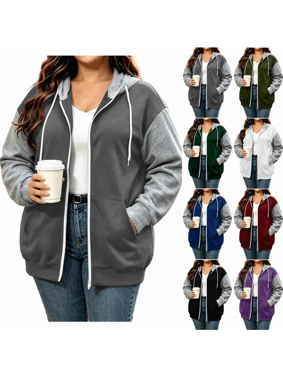 Women's Plus Size Zip Up Hoodies Fall Color Block Hooded Sweatshirt Lightweight Fashion Coat Cotton Jogging Long Sleeve Jackets