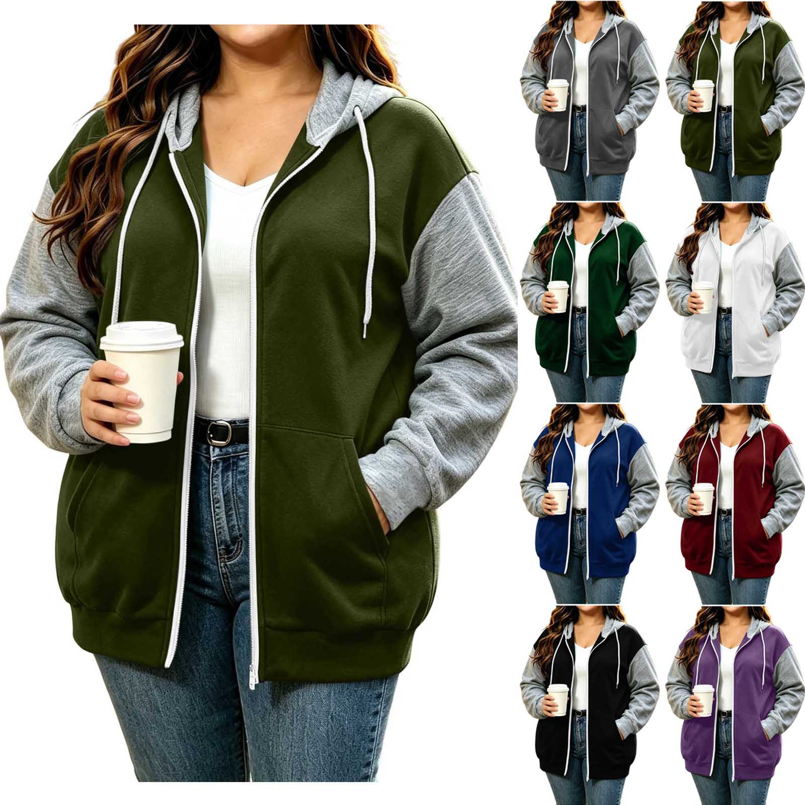 Jsaierl Women's Plus Size Zip Up Hoodies Fall Color Block Hooded Sweatshirt Lightweight Fashion Coat Cotton Jogging Long Sleeve Jackets