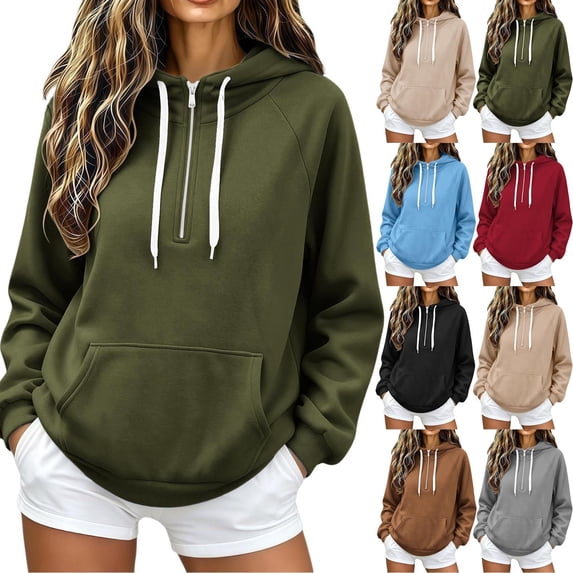 Jsaierl Women's Quarter Zip Hoodies Cute Solid Color Hooded Sweatshirt Lightweight Basic Pullover Cotton Jogging Long Sleeve Tops