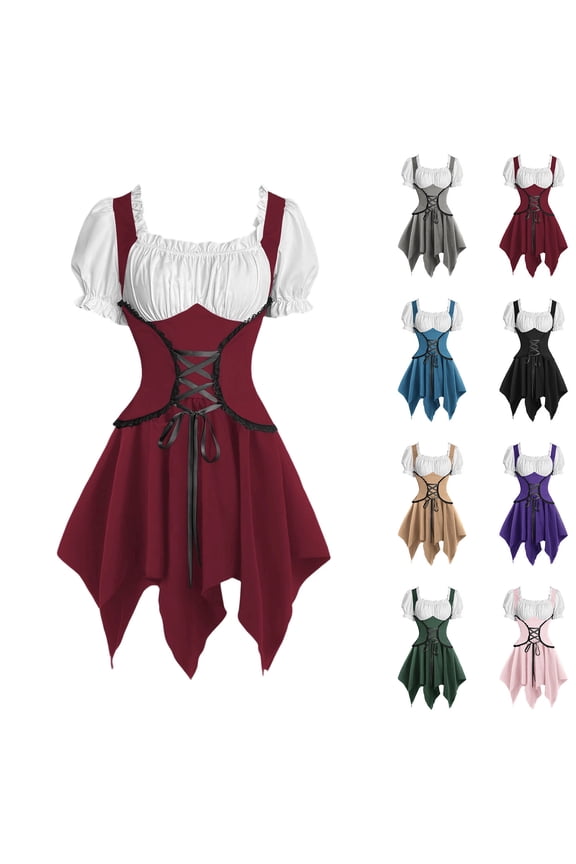 Women's Renaissance Corset Top Peasant Blouse Puff Short Sleeve Handkerchief Hem Medieval Cosplay Costume