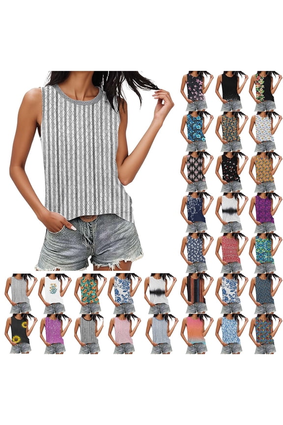 Women's Round Neck Eyelet Tank, Pink White Mixed Vertical Diagonal Irregular Stripe Print Lightweight Summer Holiday Top