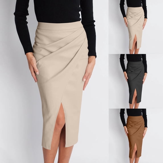Jsaierl Women’s Ruched Wrap Midi Skirt High Waist Slim Fit Pencil Skirt with Front Slit for Office and Date Night