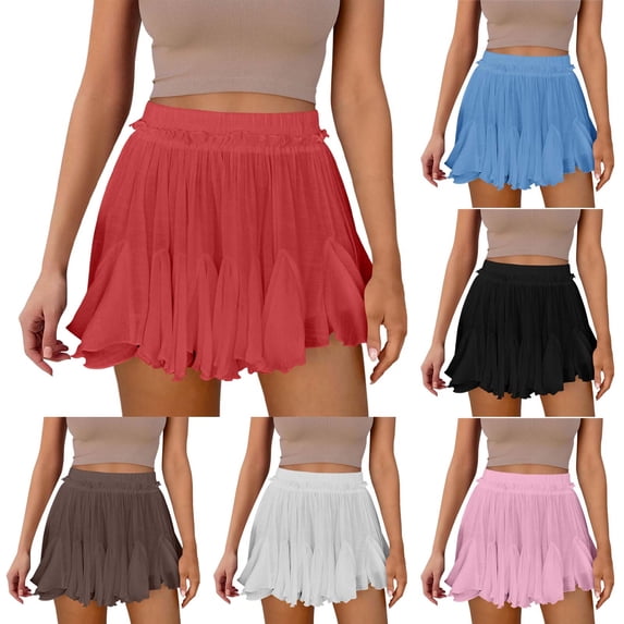 Jsaierl Women’s Ruffle Elastic Waist Mini Skirt Flowy Chiffon A-Line Casual Skirt