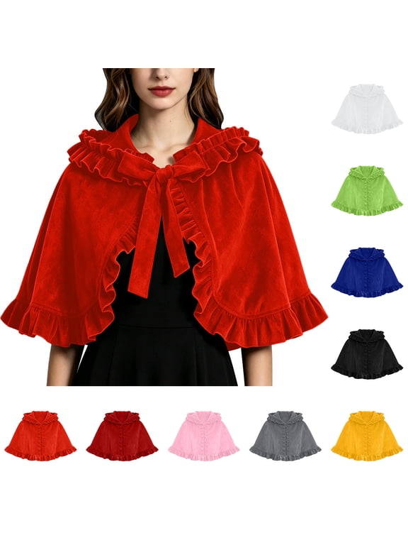 Women's Ruffle Trim Tie Front Capelet Vintage Elegant Evening Party Holiday Shoulder Wrap Coat