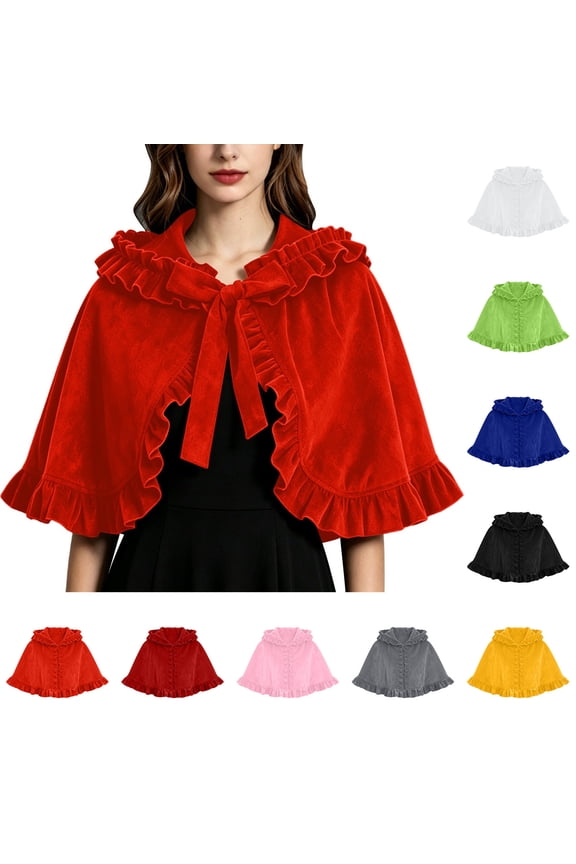 Women's Ruffle Trim Tie Front Capelet Vintage Elegant Evening Party Holiday Shoulder Wrap Coat