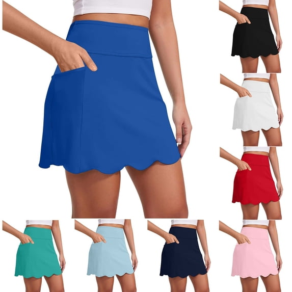 Jsaierl Women's Scallop Hem Tennis Skirt, High Waist A-Line Skirt with Pockets, Casual Athletic Skirt for Golf & Sports