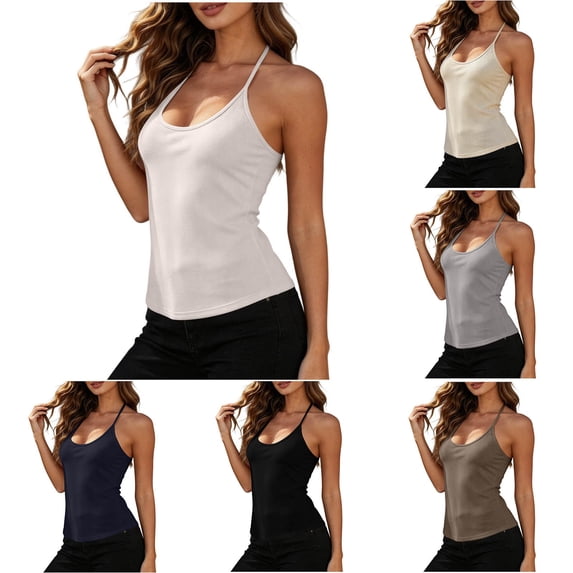 Jsaierl Women's Scoop Neck Halter Spaghetti Strap Ribbed Cami Top, Slim Cropped Fit Stretchy Knit Camisole, Trendy Basic Layering Tank for Denim Matching