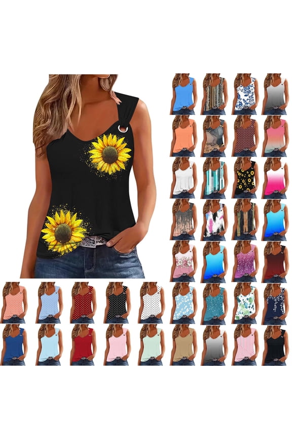 Women's Scoop O-Ring Buckle Hollow Sleeveless Blouse, Leaf Vine Print Vacation Casual Vest