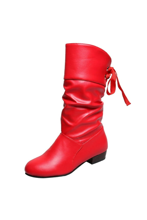 Women's Slouchy Mid Calf Boots Lace up Flat Boots Pull On Fall Weather Winter Boots