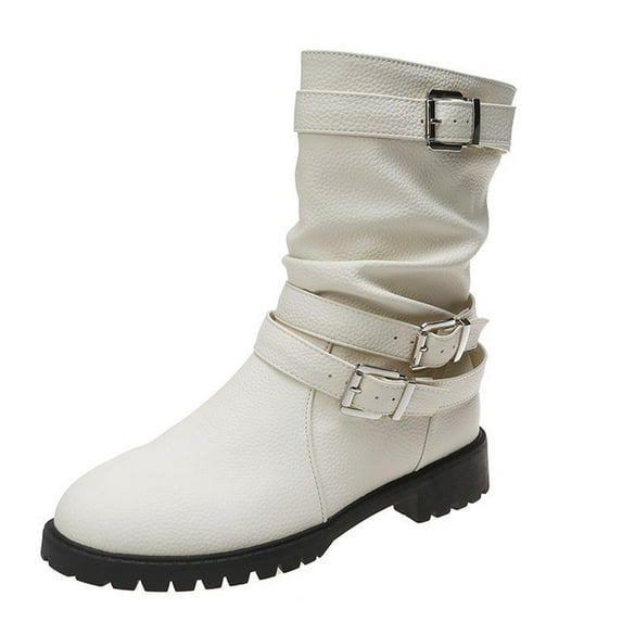 Jsaierl Women's Slouchy Mid Calf Boots Zip up Flat Boots Fashion Low Heel Comfortable Outdoor Non-Slip Outdoor Faux Fur Mid-Calf Boots