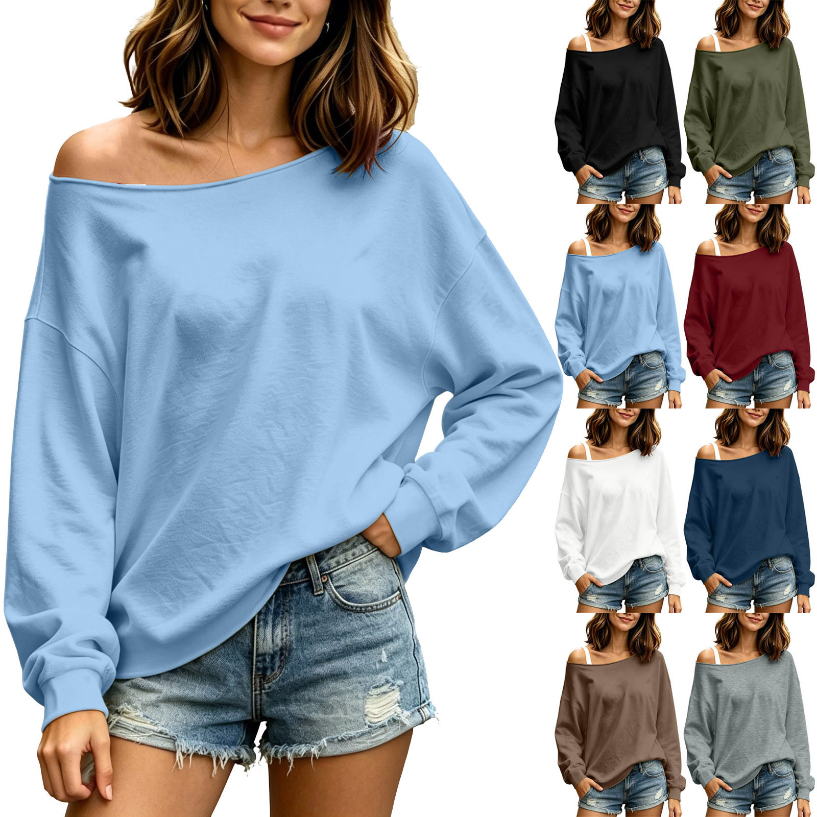 Jsaierl Women's Slouchy Off Shoulder Long Sleeve Sweatshirts Relaxed Loose Fit Casual Fall Weekend Pullovers S-3XL
