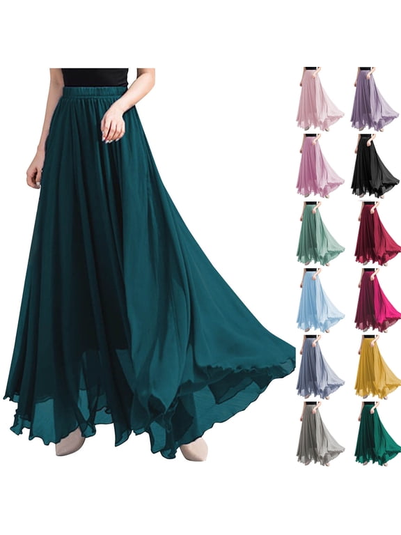 Women's Solid Chiffon Maxi Skirt, Elastic High Waist Flowy Tiered Skirt, Lightweight Casual Long Skirt for Summer Beach Vacation