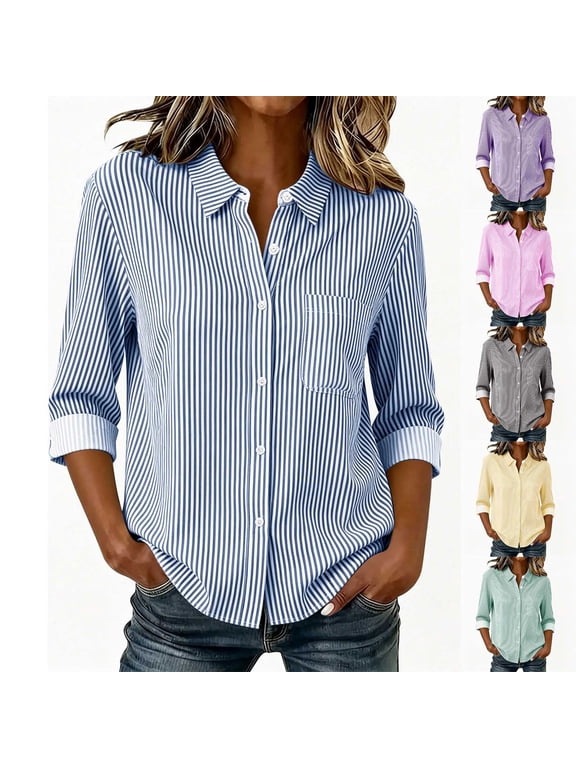 Women's Striped Button Down Long Sleeve Collared Shirt with Left Chest Pocket Comfy Work Office Business Casual Tunic
