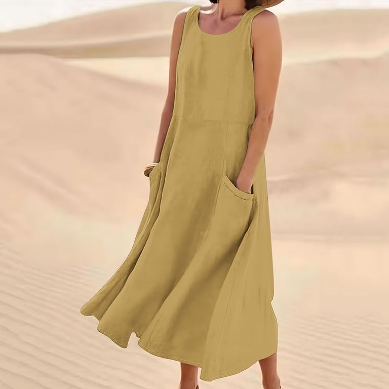 Jsaierl Women's Summer Cotton Linen Long Dress Sleeveless Elegant Flowy Dresses Plus Size Loose Comfy Dress with Pockets