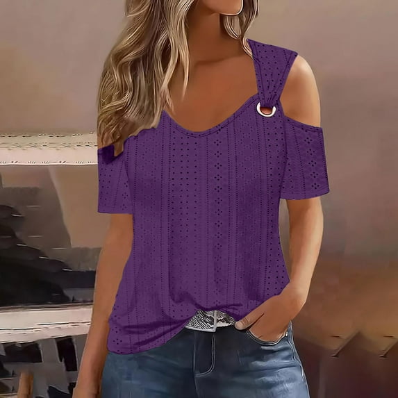Jsaierl Women's Summer Tops Cold Shoulder Tops 2025 Fashion Casual Shirts Short Sleeve Basic Tees Blouse