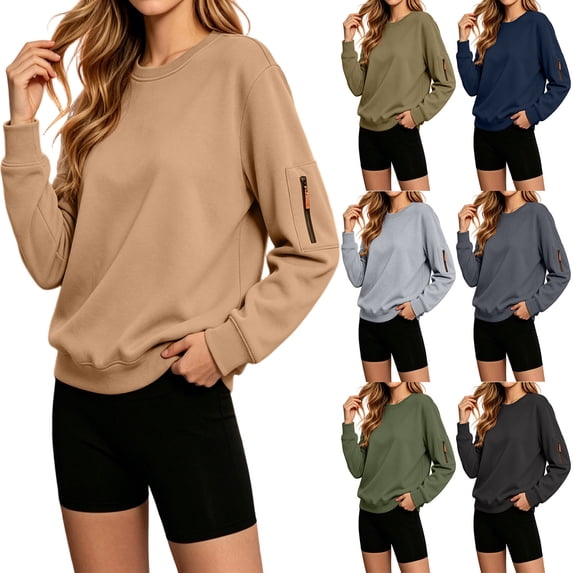 Jsaierl Women's Sweatshirts Cute Solid Color Crewneck Sweatshirt Athletic Sweater Work Long Sleeve Tops with Pockets S-3XL