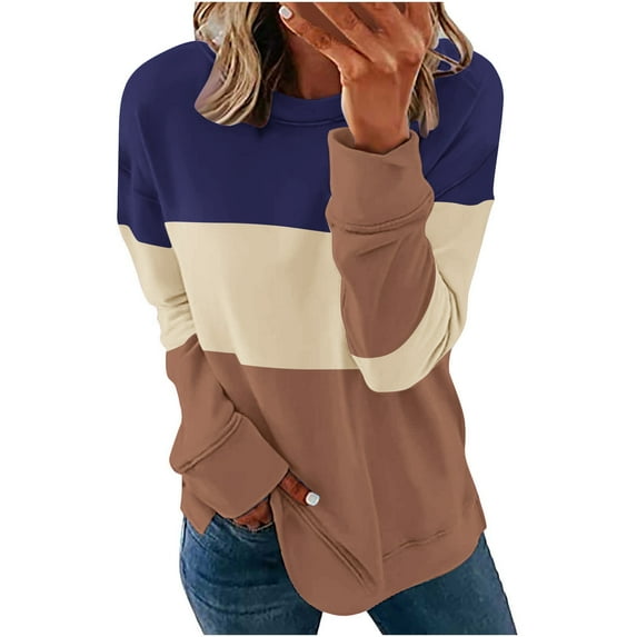 Jsaierl Women's Sweatshirts Loose Fit Color Block Sweatshirts Round Neck Fall Pullover Tops Trendy Long Sleeve Blouses Winter Saving