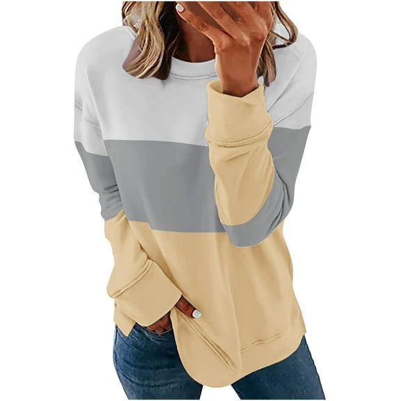 Jsaierl Women's Sweatshirts Loose Fit Color Block Sweatshirts Round Neck Fall Pullover Tops Trendy Long Sleeve Blouses Winter Saving