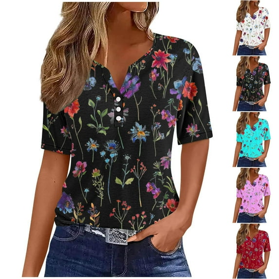 Jsaierl Women's T-Shirts Button Down Tunic Tops Short Sleeve Floral Blouse Henley V Neck Summer Clothes