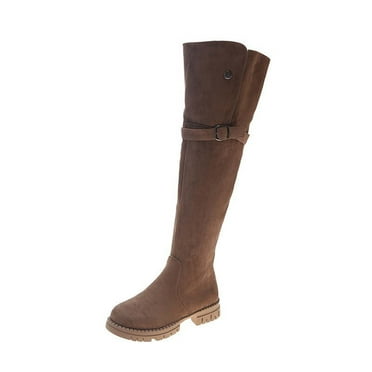 Jsaierl Women's Tall Block Heel Boots for Womens Over The Knee Thigh High Boots Chunky Heel Boots Long Stretch Sexy Fall Belt Buckle Side Zipper Boots