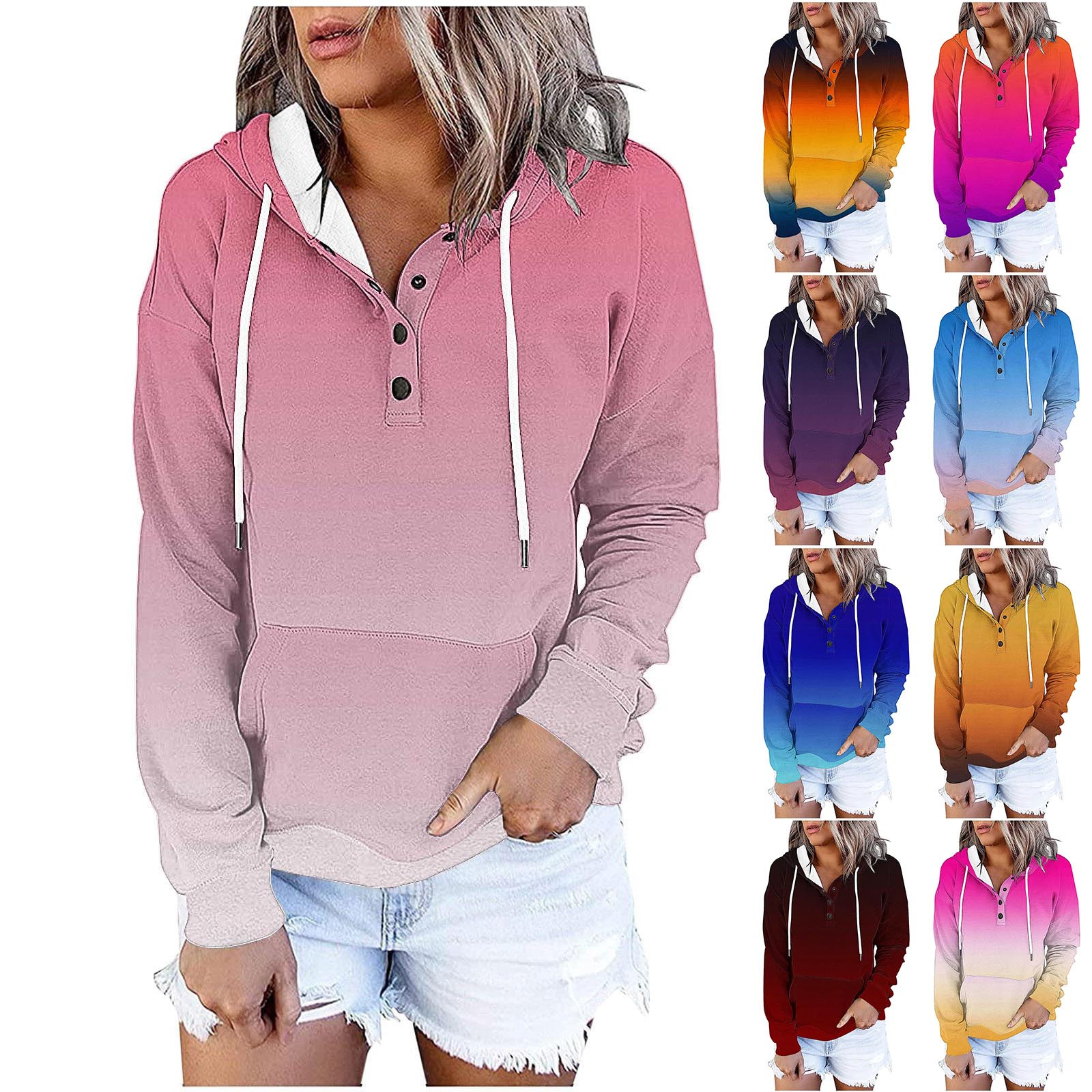 Jsaierl Women's Trendy Ombre Color Half Button Hoodies Sweatshirts with Drawstring Front Kangaroo Pocket Comfortable Casual Tops S-2XL