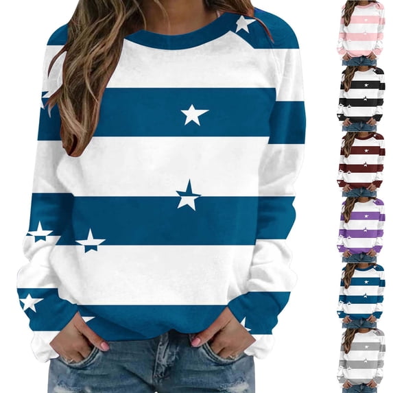 Jsaierl Women's Trendy Striped Crewneck Sweatshirts with Star Print Oversized Lightweight Casual Everyday Tops S-2XL