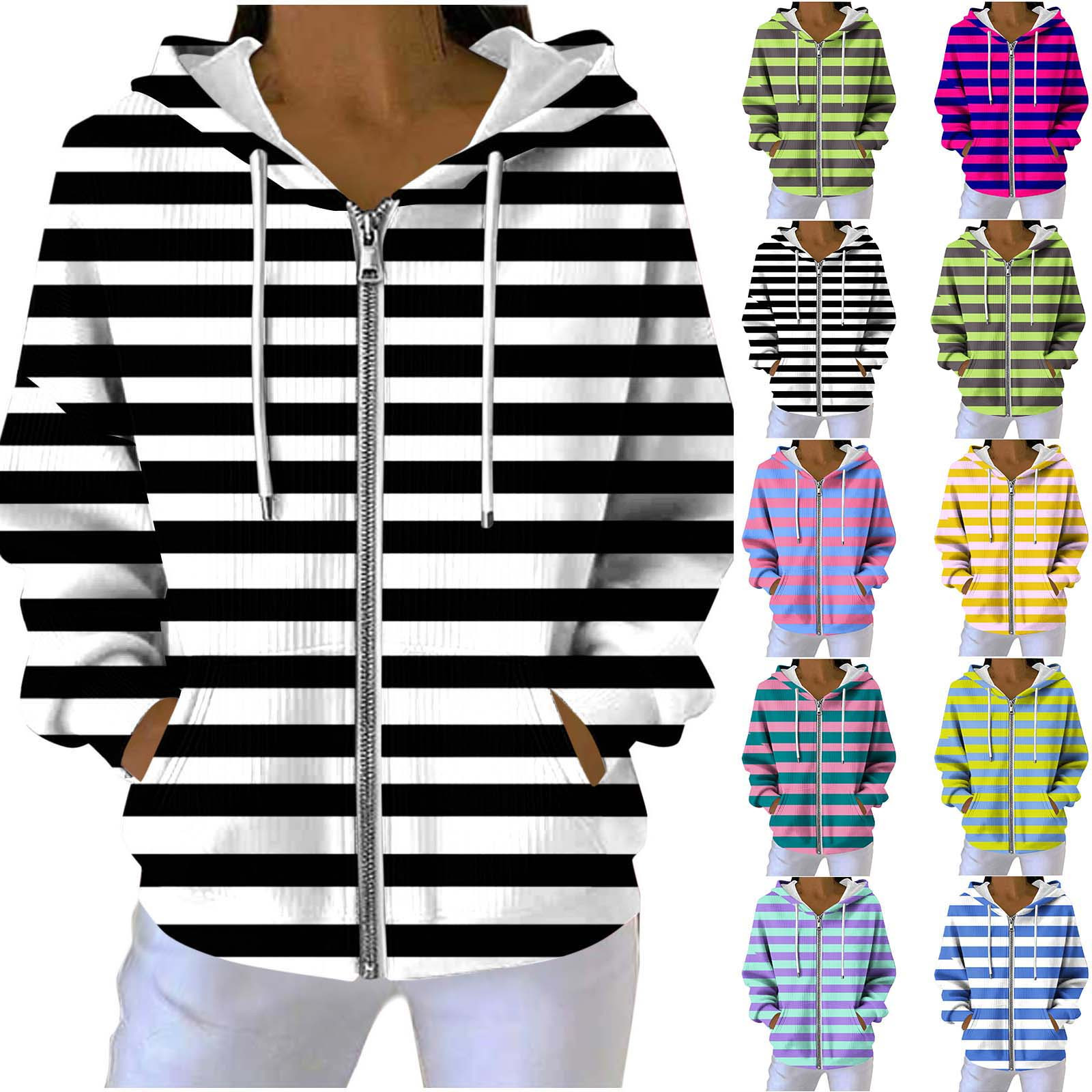 Jsaierl Women's Trendy Striped Zip Up Hoodies Sweatshirts Drawstring Kangaroo Pocket Lightweight Fall Tops S-2XL