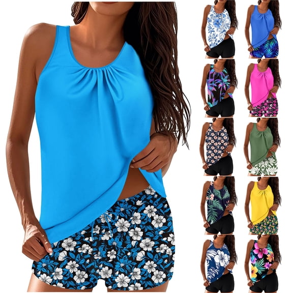 Jsaierl Women's Two Piece Tankini Bathing Suits Blouson Swim Tops Summer Print Swimwear Conservative Cute Modest Beachwear with Swim Shorts Tankini Swimsuits