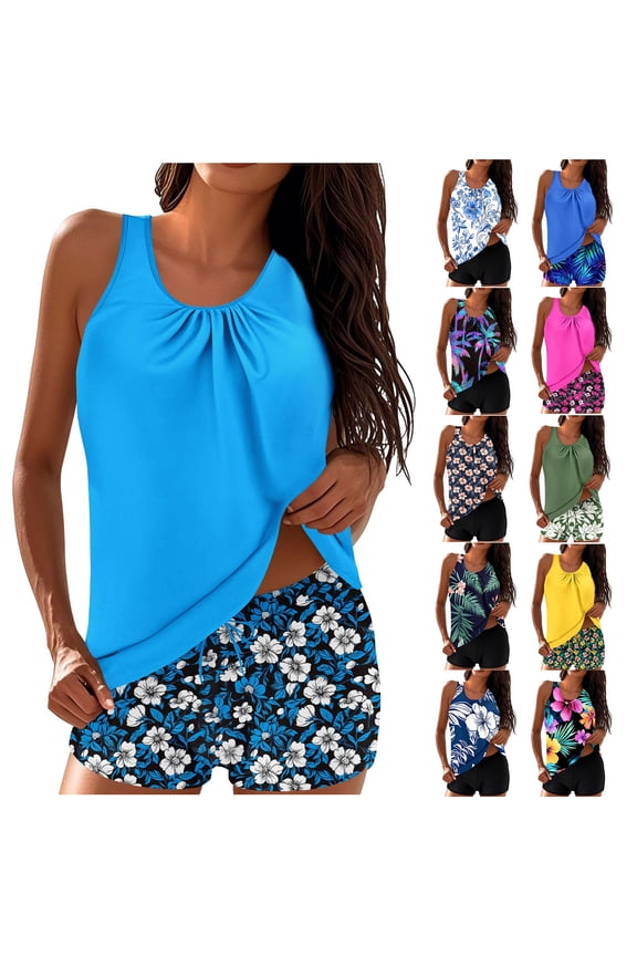 Women's Two Piece Tankini Bathing Suits Blouson Swim Tops Summer Print Swimwear Conservative Cute Modest Beachwear with Swim Shorts Tankini Swimsuits