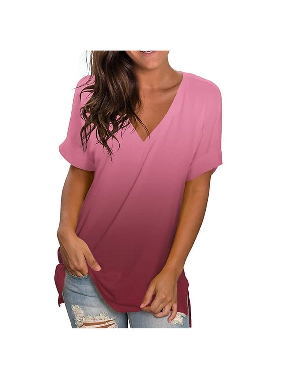 Women's V Neck T Shirts Casual Rolled Short Sleeve Side Split Summer Tops Blouse Loose Fit Gradient Tops for Women