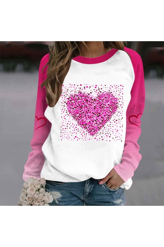 Women's Valentine's Day Shirts Cute Love Heart Graphic Tees Work Long Sleeve Blouse Crewneck Holiday T-shirt Tops Valentines Day Gifts