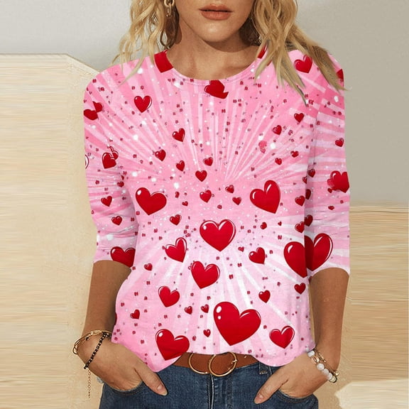 Jsaierl Women's Valentine's Day Shirts Plus Size Love Heart Print Tees Soft 3/4 Sleeve Blouse Crewneck Tunic T-shirt Tops Valentines Day Gifts